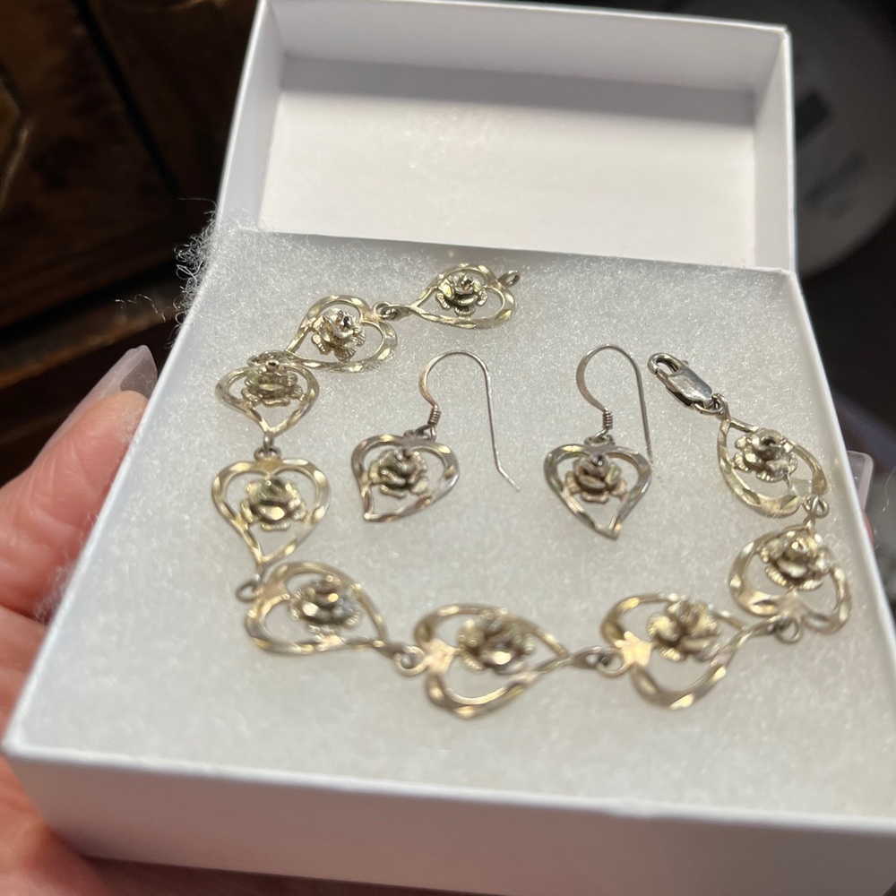 Signed M 925 Sterling Hearts Flowers Bracelet Pierced Earrings VTG parure